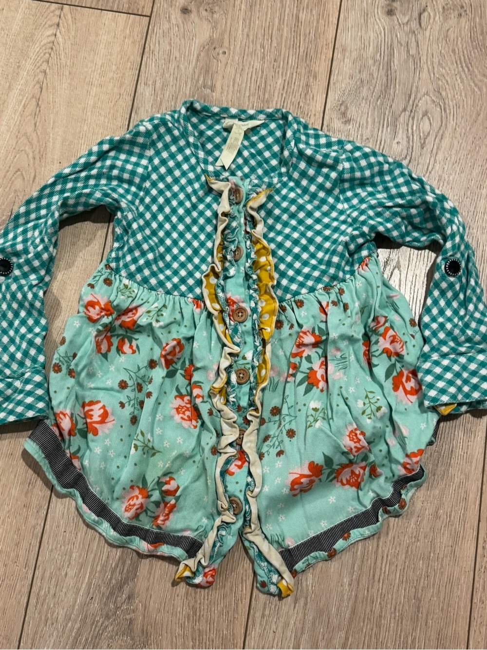 Matilda Jane Mint Green Gingham & Floral Ruffle-Front Top size 6 girls